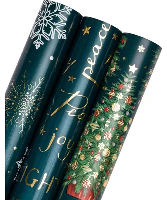 Productafbeelding van Geprinte cadeaupapierrol, kerstmotief, 3 rollen, 43,2 cm x 3 meter, groen, kerstboom, sneeuwvlokken, glanzende folie