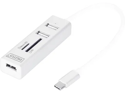Zdjęcie produktu dla Digitus 3-portowy hub OTG USB Type-CTM + czytnik kart, MicroSD (TransFlash), SD, Biały, 480 Mbit/s, Aluminium, USB 2.0, 18 mm