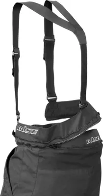 Close-up of the top part of black trousers with suspenders attached.