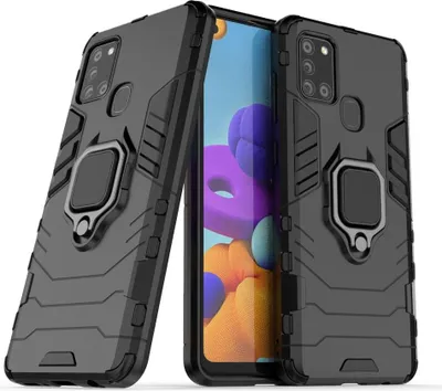 Two black phone cases with a ring holder are displayed side-by-side, with one case showing a colorful phone screen.