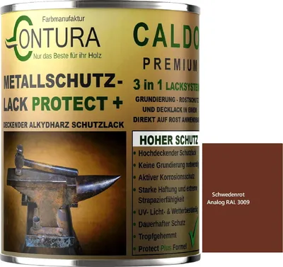 Produktbild von Contura 3 in 1 Rostschutzfarbe 500ml. Metallschutzlack Seidenmatt RAL Metall Lack Farbe Grundierung Rost - RAL 3009 Schwedenrot