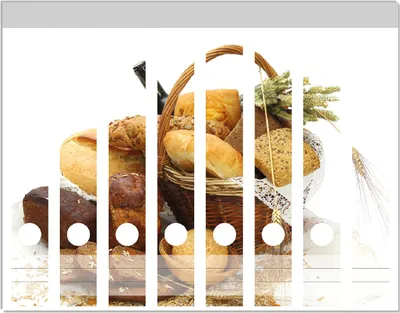 Produktbild von Wallario Ordnerrücken Sticker, selbstklebend für schmale Ordner, 8 Stück, Motiv Brot und Brötchen im eleganten Korb - mit Wein und Getreide