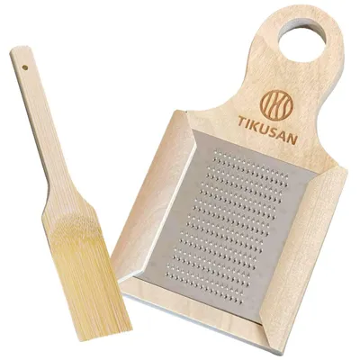 Japanische Wasabi-Reibe aus Holz, Edelstahl, 14 cm, mit Bambusbürste