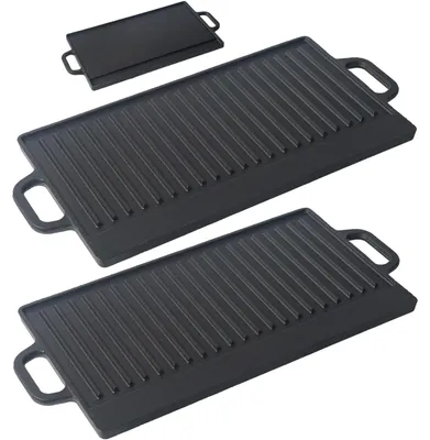 Produktbild von 2x Grillplatten aus Gusseisen 50x23,5cm Wendeplatte emailliert Grillpfanne Burgerplatte BBQ Plancha für Gasgrill Holzkohlegrill Herd Backofen Lagerfeuer geriffelt glatt schwarz