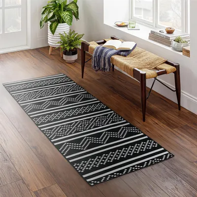 Produktbild von Teppichläufer 60x180 cm, schwarz (Shadow Grid) rutschfester Teppich für Diele, Küche, Schlafzimmer und Wohnzimmer, moderner Flurteppich lang, hochwertiger Küchenteppich Björn&Schiller