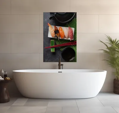 Produktbild von Wallario wasserfestes Poster selbstklebend 91,50 x 61 cm, Sushimenu auf Schiefer - Nigiri mit grünem Tee, Badezimmerposter Spritzschutz mit Hochglanzoberfläche in Glasoptik