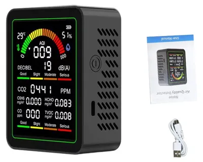 Luftqualitätsmonitor CO2, TVOC, Temperatur, Feuchte, Schallpegel (Schwarz)