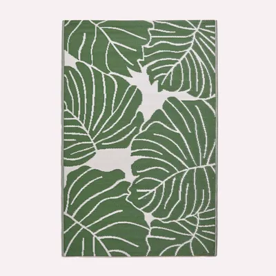 Image de Tapis d'extérieur HOMESCAPES résistant aux intempéries, vert et blanc, 180 x 270 cm, tapis de jardin Ada à motifs floraux, tapis de balcon réversible