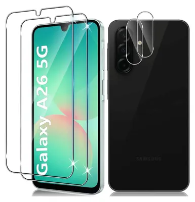 A product shot of screen protectors and a phone case for a Samsung Galaxy A26 5G.