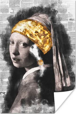 Produktbild von MuchoWow® Poster Mädchen mit Perlenohrring - Johannes Vermeer - Zeitungsartikel - Gold 120x180 cm - Kunstposter