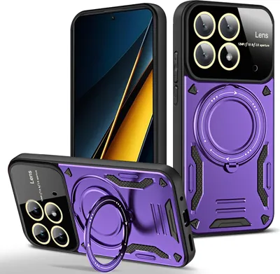 Three views of a purple phone case with a ring holder, shown with a phone inside.