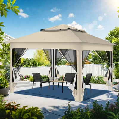Immagine prodotto di Gazebo pieghevole Hengda Pop-up 3,3x3,3x2,7 m con ombrellone, zanzariera, borsa per il trasporto, sacchi di sabbia, protezione UV e doppio tetto con fori di ventilazione - Beige