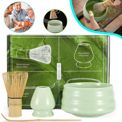 Produktbild von Matcha Tee Set, Matcha Besen Set mit Matcha-Schneebesen, Besenhalter, Matcha Schale aus Keramik, Teelöffel, Perfekte Set für die Zubereitung