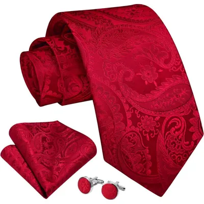 Productafbeelding van Herenset met paisley-motief, rood, 4-delig: stropdas, zakdoek, manchetknoopjes