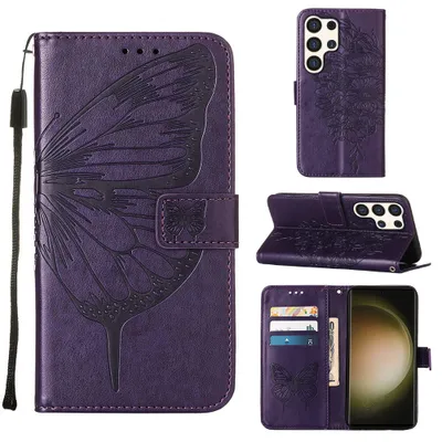 Produktbild von Galaxy S25 Ultra Hülle, Schmetterling Prägung Leder Kartenfächer Schutzhülle mit Ständer für Samsung Galaxy S25 Ultra Lila