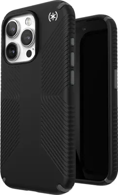 A black Speck Presidio2 Griff phone case for an iPhone 15 Pro is shown from a diagonal angle.