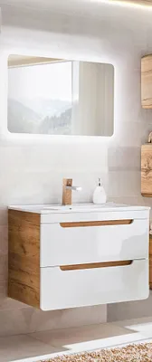 Produktbild von Badezimmermöbel Set Hochglanz weiß, Wotan Eiche Nb. LUTON-56 mit 81 cm Waschtisch & LED-Spiegel, 81/200/46 cm