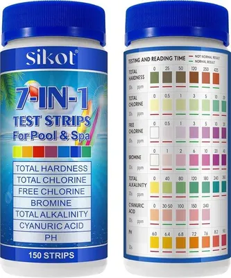 Zdjęcie produktu dla Paski testowe do wody w basenie - 1 x 1 x 1 cm - Zestaw testowy 7 w 1 do pomiaru pH, zasadowości, chloru i twardości - do użytku w basenach i spa