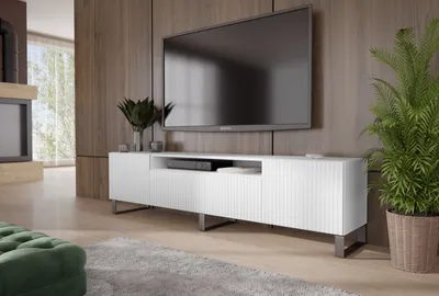 Produktbild von ALTDECOR TV-Schrank CIRA-S mit Gefrästen Fronten, bodenstehend, 200 x 53 x 41 cm, 3 Fächer mit Klapptür links, rechts und nach Unten, TV-Lowboard mit Push-to-Open-System, mit stabilen Kufen - Weiß