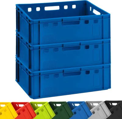 Produktbild von 3x BURI Fleischkiste E2 Blau 60x40x20cm Lagerkiste, Meischkiste, Metzgerkiste Eurobox aus Deutschland lebensmittelecht, robust, stapelbar