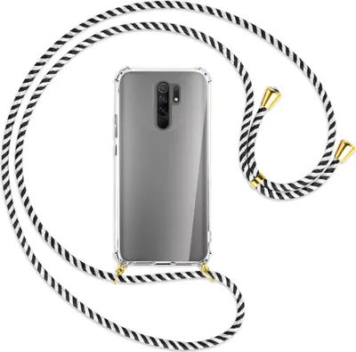 Produktbild von Handykette Backcover-Schutzhülle mit Band (Metall goldfarben) für Xiaomi Redmi 9 - schwarz/weiß gestreift