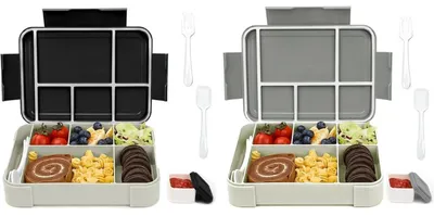 Immagine prodotto di Contenitore per alimenti per bambini con scomparti, capacità 1330 ml, set da 2, contenitore per il pranzo "bento" a prova di perdite con 6 scomparti e set di posate, colore nero e grigio