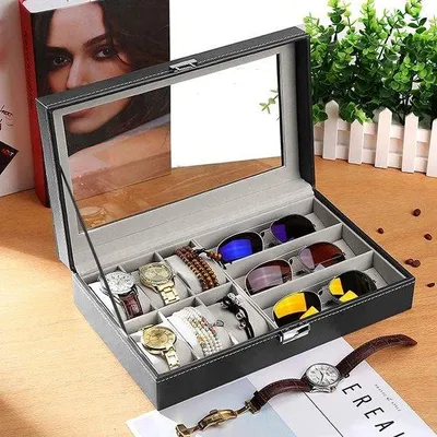 Productafbeelding van Famanu horlogebox met glazen deksel - voor horloges en zonnebrillen
