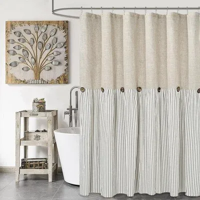 Produktbild von Landhaus-Stoffgordine in rustikalen Stil, beige und graue Streifen, Knopfgordine, gewebter Baumwoll- und Leinenstoff, rühmter Charme, ländliche Eleganz, 72x72 Zoll.