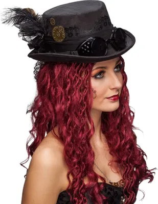 A woman wearing a steampunk hat.