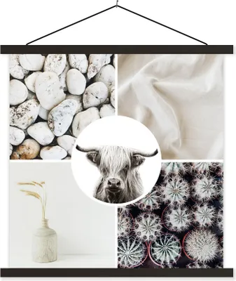 Produktbild von MuchoWow® Textilposter Schottisches Hochlandrind - Steine - Kaktus - Weiß 120x120 cm mit schwarzem Rahmen - Aufhängungsset