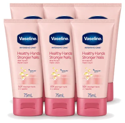 Imagen del producto de 6 unidades de crema para manos y uñas "Vaseline Healthy Hands & Stronger Nails", 75 ml cada una. Paquete económico