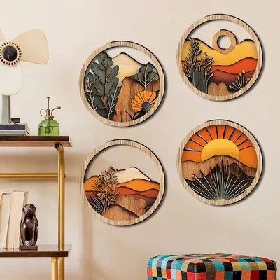 Produktbild von 4 Stück Holz Boho Wand Deko, Wanddekoobjekt Runde Bauernhof Wanddeko für Wohnzimmer, Stil B