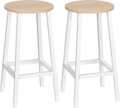 Image de HOMCOM Lot de 2 tabourets de bar, chaises de bar, tabourets de cuisine hauts 65H cm avec repose-pieds, structure en acier, blanc et naturel