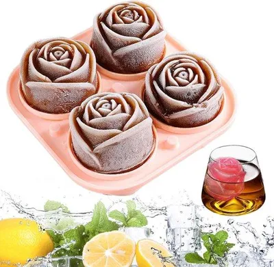 Produktbild von VHV - Eiswürfelform aus lebensmittelechtem Silikon in Form einer Rose, mit 4 Fächern - mit Deckel, leicht zu entformen - für Whisky, Cocktails, Kaffee und Getränke