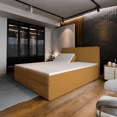 Produktbild von Masseno Boxspringbett ASTOR 180x200 cm Komplett-Set mit Bonell Matratze und Topper, Polsterbett mit Bettkästen -Gelb, LINCOLN 48