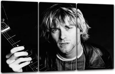 Produktbild von Leinwandbild 3-teilig (120x80cm): Kurt Cobain Portrait Nirvana Rock-Legende Grunge Gitarre, echter Holz-Keilrahmen inkl. Aufhänger, handgefertigt in Deutschland