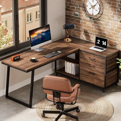 Produktbild von Eckschreibtisch - Schreibtisch - Computertisch - Arbeitsplatz - L-förmiger Schreibtisch - Braun - Reversibles Design