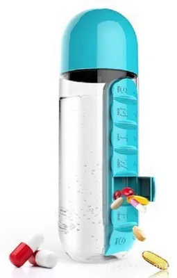 Produktbild von 2-in-1-Pillendosenbecher-Trinkflasche, tragbare Pillendosen-Wasserflasche 600 ml – Blau