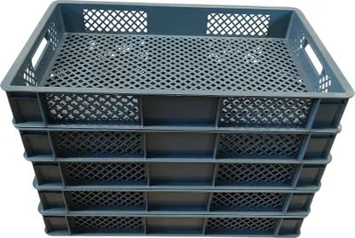 A stack of five gray plastic crates with a grid pattern on the bottom and sides.