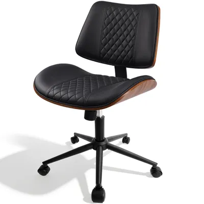 Produktbild von Bürostuhl ohne Armlehne, Schreibtischstuhl aus PolyurethanKunstleder mit Rautensteppung & Holzdekor, höhenverstellbar, 360° mit Rollen, bis 130 kg, Schwarz