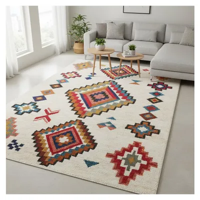 Produktbild von Skandinavischer Kelim-Teppich, Cremefarbenes Fingerhutmuster – Waschbar, rutschfest – Wohnzimmer, Schlafzimmer – 6–7 mm 160 x 230 cm