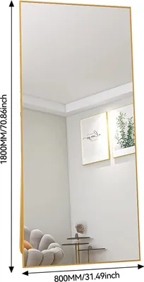 Zdjęcie produktu dla Lustro pełnopostaciowe – lustro stojące – 180 x 80 cm – powierzchnia lustrzana HD – wolnostojące – prostokątne z prostymi krawędziami – do sypialni i salonu – złote