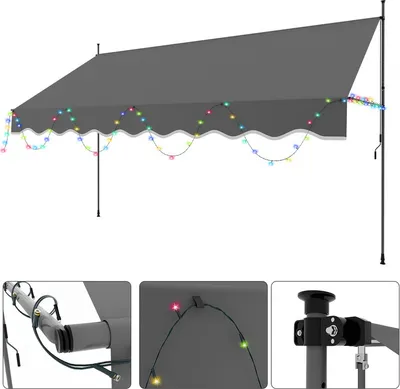 Obrázek produktu pro Hengda Klemmmarkise s LED 400x120cm Markýza Výškově nastavitelná balkonová markýza s ruční klikou Ochrana před sluncem bez vrtání pro terasu a balkon Šedá