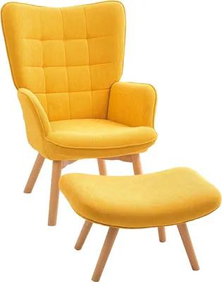 Produktbild von Ohrensessel mit Hocker, Relaxsessel, Polstersessel in Kordoptik, Loungesessel, Armlehnstuhl mit Holzbeine, Fernsehsessel für Wohnzimmer, Orange