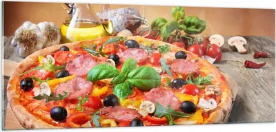 Produktbild von Bilder auf glas - Pizza Käse Tomaten - 100x40cm - Glasbilder - Wandbilder - Kunstdruck - zum Aufhängen bereit - Wanddekoration aus Glas - Glas Bilder - Wandbild auf Glas - Einteilig - GAB100x40-4024