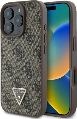 A close-up shot of an iPhone case with a patterned design and a logo.