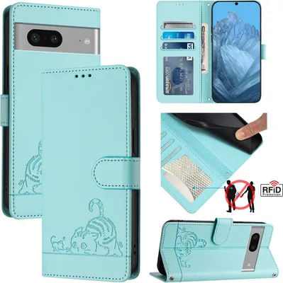 Produktbild von Leder Hülle für Google Pixel 7 Süße Katze Flip Case Brieftasche Schutzhülle mit Standfunktion hellgrün