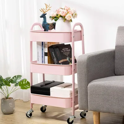 Produktbild von 3 Ebenen Küchenwagen,Servierwagen Utility Cart mit Rollen,Beistellwagen Rollwagen Allzweckwagen Aufbewahrungswagen für Küche Bad Büro 43x30x76cm Rosa