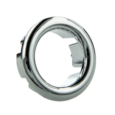 A single chrome-plated overflow cover ring for a sink.