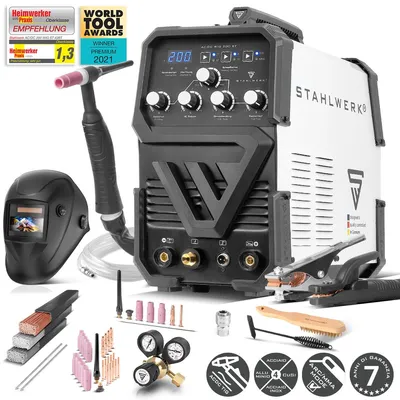 Immagine prodotto di STAHLWERK Saldatrice ad arco schermato a gas 2-in-1 combinata AC/DC TIG 200 ST - completamente equipaggiata - TIG e MMA (MMA) fino a 200A, modalità 2T e 4T, saldatura TIG AC per alluminio, productTiles.product.images.aiGenerated